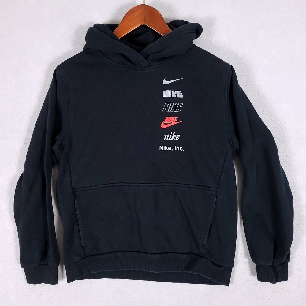 Nike Hoodie Kids XL Black Multi-Logo Graphic Regular Fit Cotton Fleece Pullover
